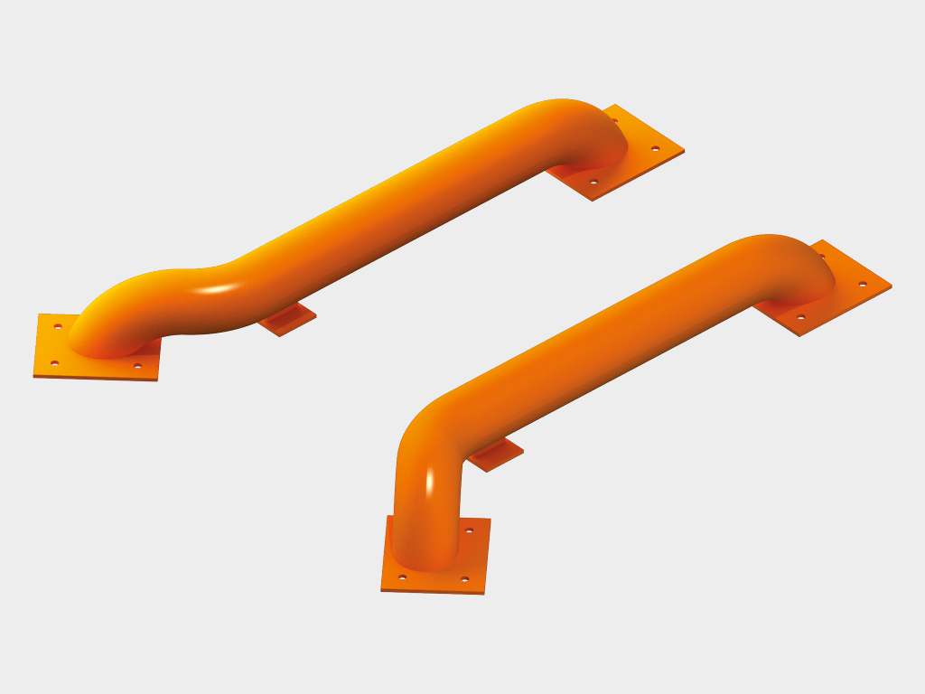 Wheel guides. They are used to direct reversing vehicles safely and quickly on to the loading docks thus preventing damages to dock shelters or the building. The guides are designed to minimise possible contact with the truck wheel rim. They are made of steel tubes with 159 mm diameter and positioned in front of the loading bay. These wheel guides are fixed to the surface with anchor bolts or embedded into a concrete foundation.